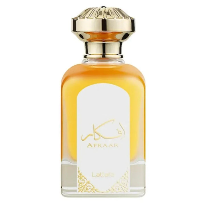 Perfume bottle with gold cap on a white background