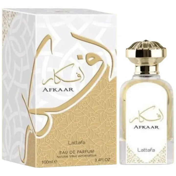 Afkaar perfume bottle and packaging with gold and white design