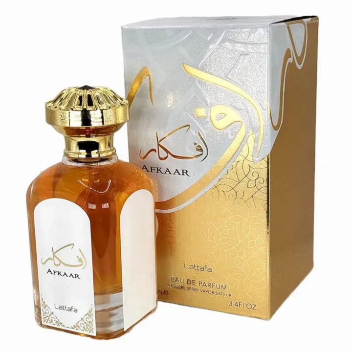 Perfume bottle and packaging with 'Afkaar' branding on a white background
