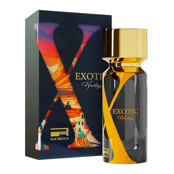 Afnan Rue Broca Exotic Heritage perfume bottle with colorful packaging on a white background