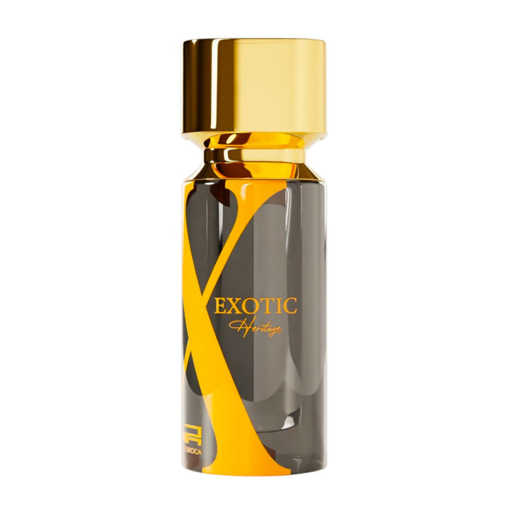 Perfume bottle with gold cap and Afnan Rue Broca Exotic Heritage branding on a white background