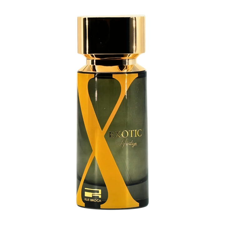 Perfume bottle with gold cap and Afnan Rue Broca Exotic Heritage  branding on a white background