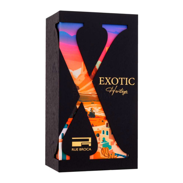 Exotic Heritage product packaging with colorful design and 'Rue Broca' branding.