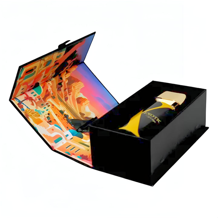 Afnan Rue Broca Exotic Heritageperfume bottle in a colorful box on a white background