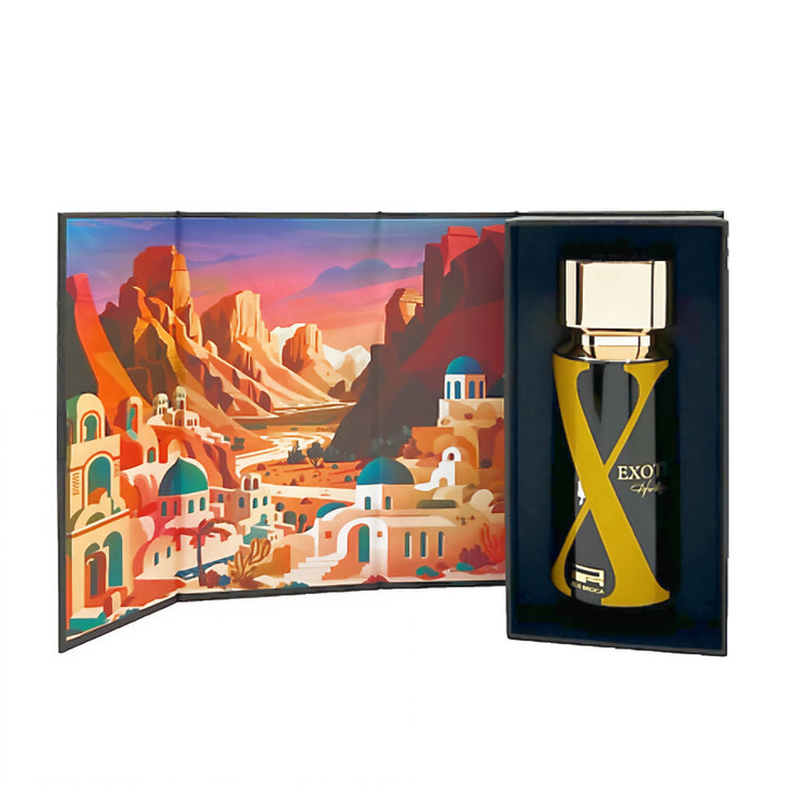 Afnan Rue Broca Exotic Heritage Perfume bottle with decorative box featuring a desert scene