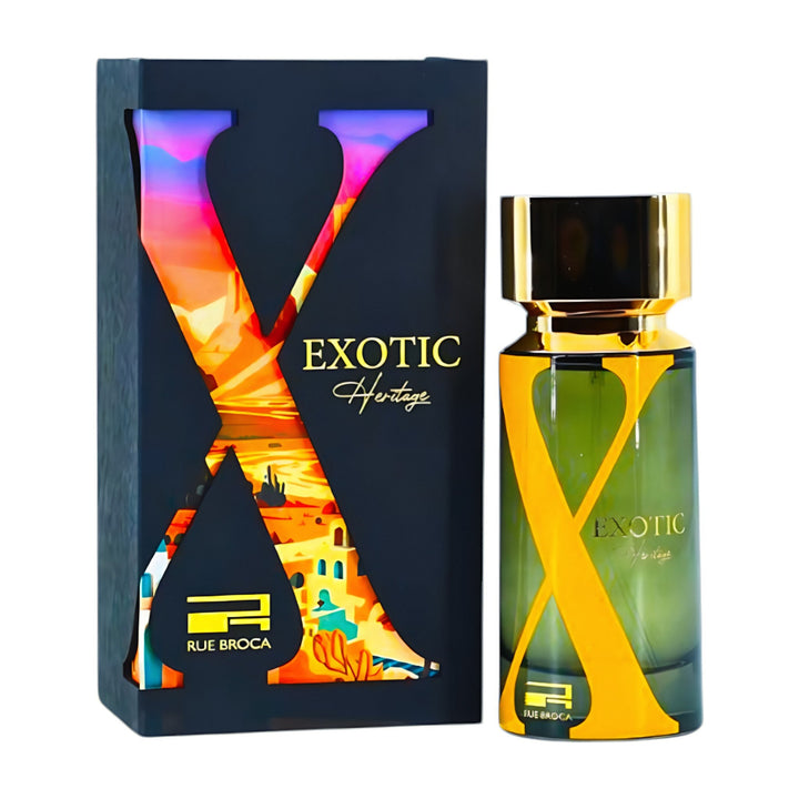 Afnan Rue Broca Exotic Heritage perfume bottle and packaging on a white background