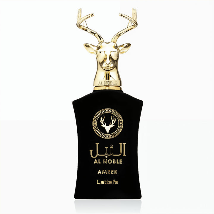 Perfume bottle with gold deer head design on a white background lattafa 