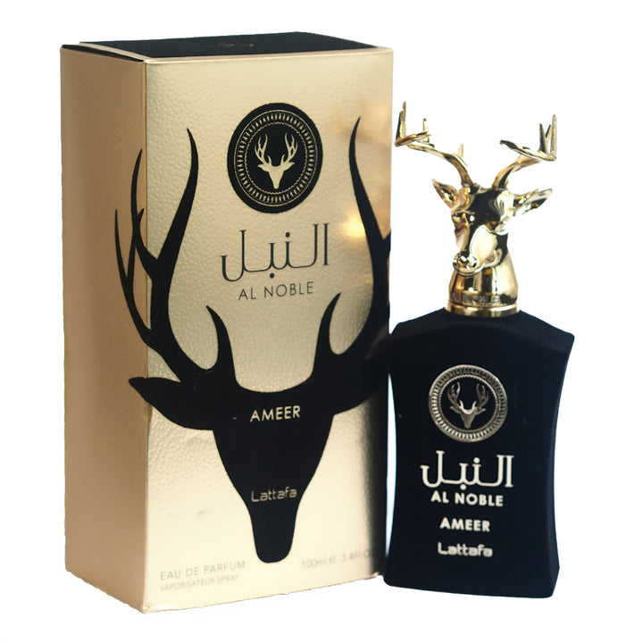 Perfume bottle and packaging of Al Noble Ameer by Lattafa on a white background