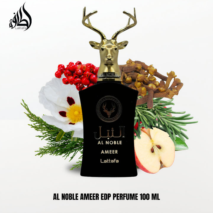 Perfume bottle with deer design surrounded by natural elements on a white background lattafa 