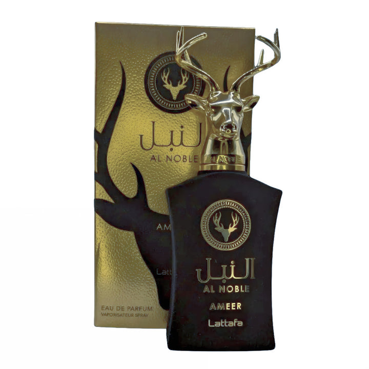Perfume bottle and packaging with deer design on a white background