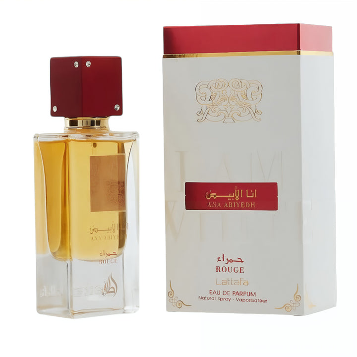 Perfume bottle and packaging of Ana Abiyedh Lattara Rouge on a white background