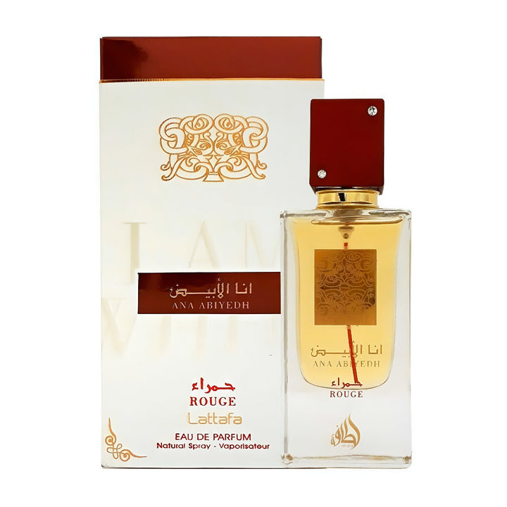 Perfume bottle and packaging of Ana Abiyedh Lattafa Rouge on a white background
