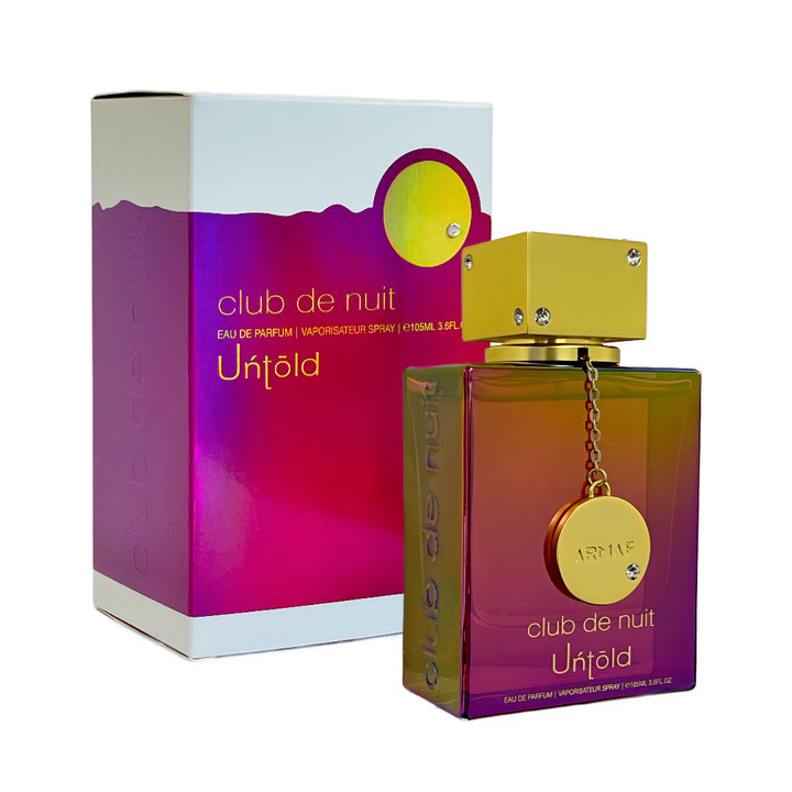 Perfume bottle and packaging of 'club de nuit Untold' on a white background
