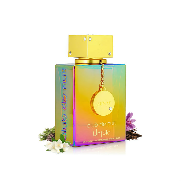 Colorful perfume bottle with gold cap on a white background