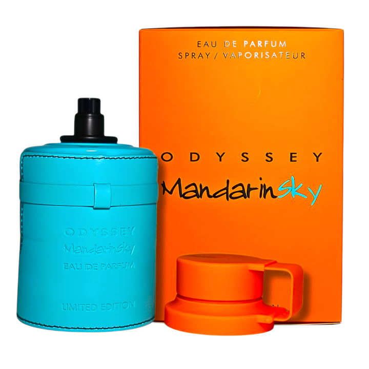 Blue perfume bottle and orange box with 'Odyssey Mandarin Sky' branding on a white background