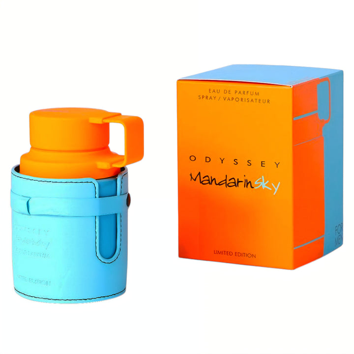 Odyssey Mandarin Sky perfume bottle and packaging on a white background