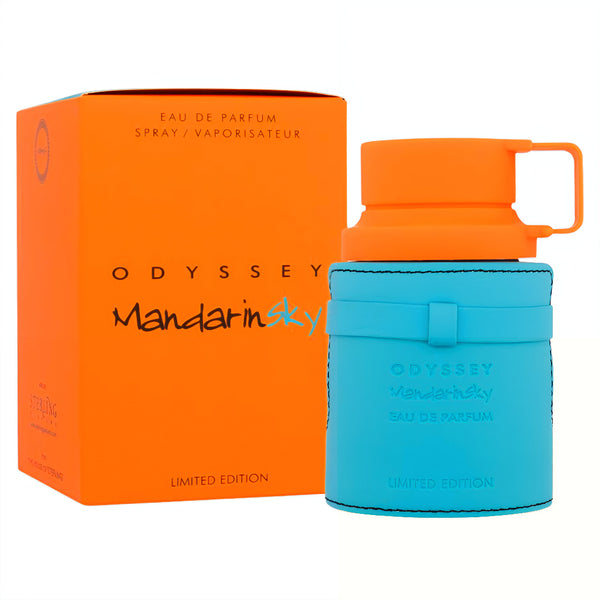 Blue Odyssey Mandarin Sky perfume bottle with orange cap and packaging on a white background
