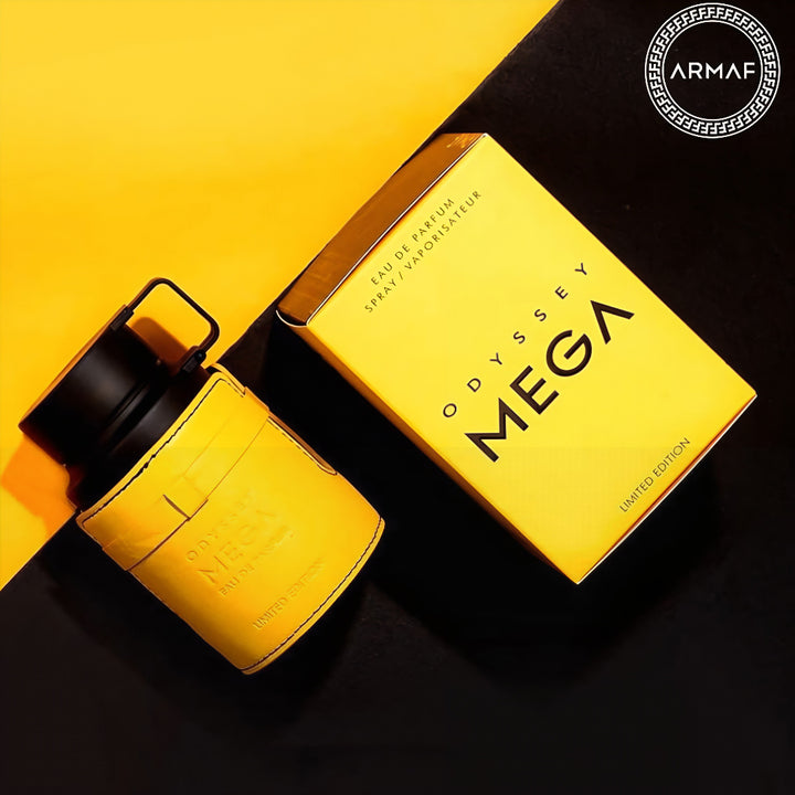 Yellow Odysee Sey Mega Armaf perfume bottle and packaging on a black background