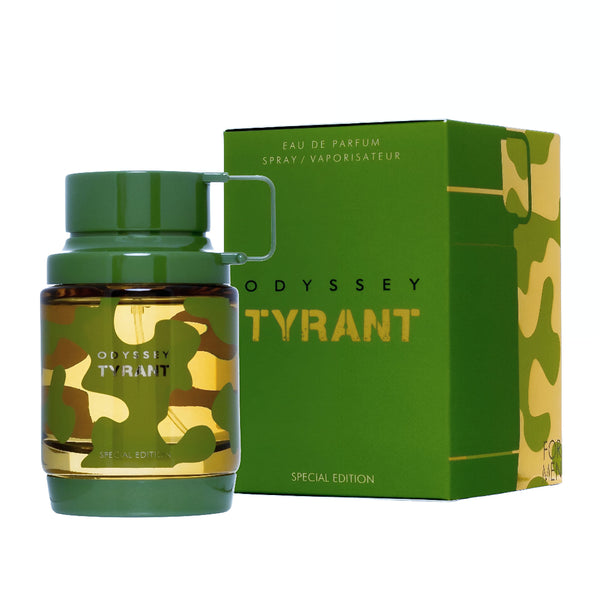 Green and gold Odyssey Tyrant perfume bottle and packaging on a white background Odyssey Tyrant Special Edition Armaf for men
