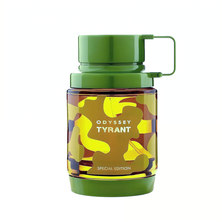 Green thermos with camouflage design and 'Odyssey Tyrant' branding on a white background