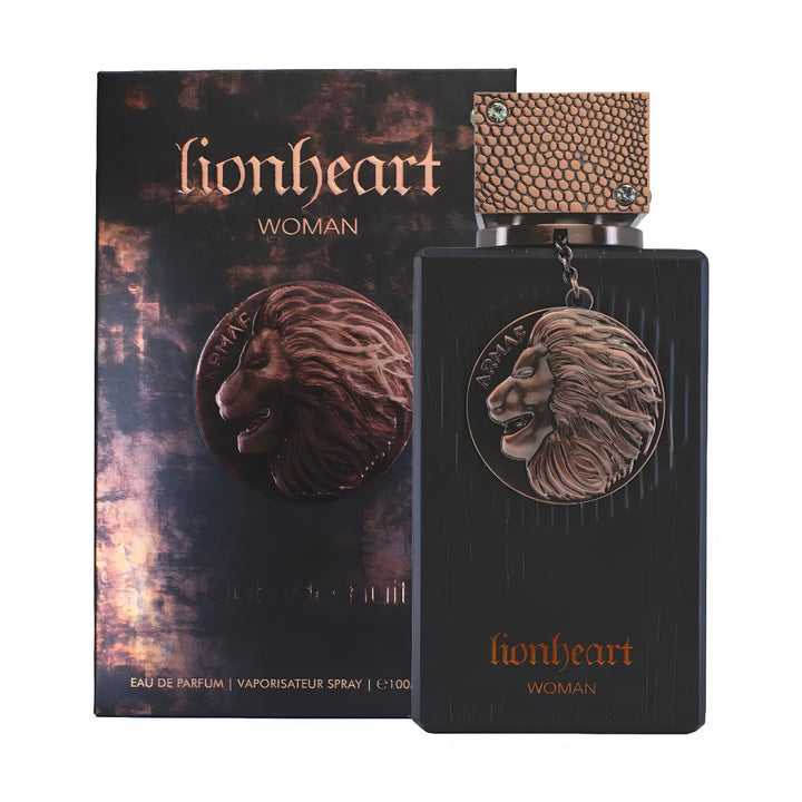 Lionheart woman perfume bottle and packaging with lion emblem on a white background