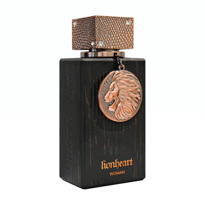 Perfume bottle labeled 'Lionheart Woman' with bronze lion emblem on a white background