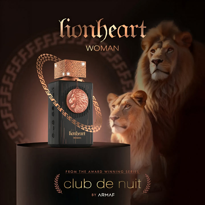 Lionheart Woman perfume bottle with lions on a dark background