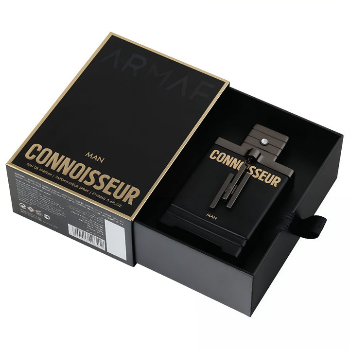 Black and gold Connoisseur perfume bottle in open packaging Connoisseur Man Armaf for men
