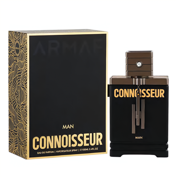 A black and gold Connoisseur perfume bottle with packaging on a white background Connoisseur Man Armaf for men
