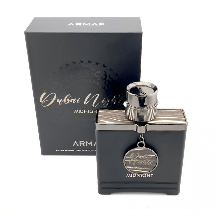 Armaf Dubai Nights Midnight perfume bottle with packaging on a white background