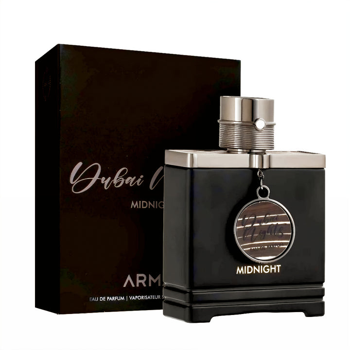 Black perfume bottle with silver cap and 'Dubai' branding on a white background Armaf Dubai Nights Midnight Armaf for men