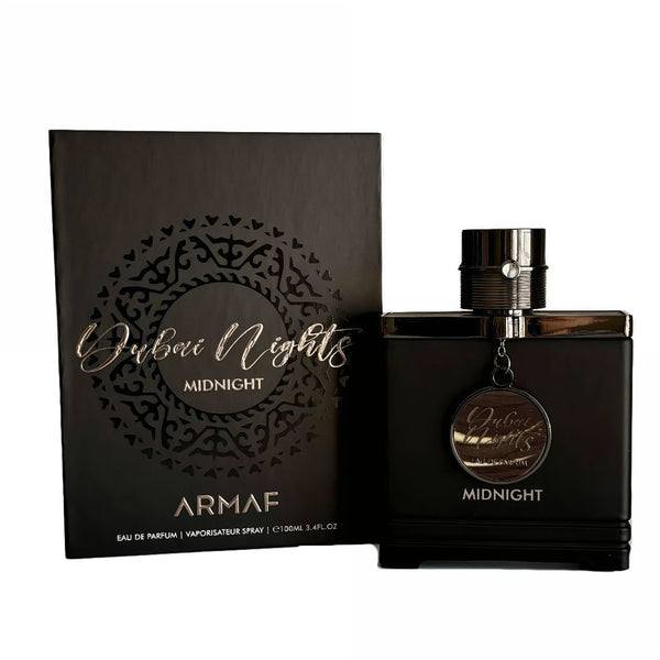 Armaf Dubai Nights Midnight perfume bottle and packaging on a white background