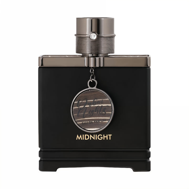 Black perfume bottle with silver cap and pendant on a white background Armaf Dubai Nights Midnight Armaf for men
