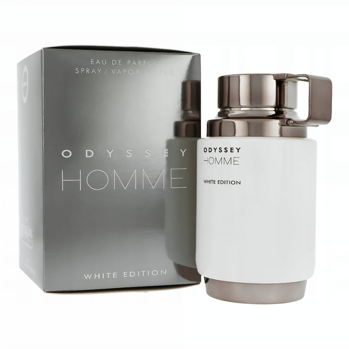 Odyssey Homme White Edition perfume bottle and packaging on a white background