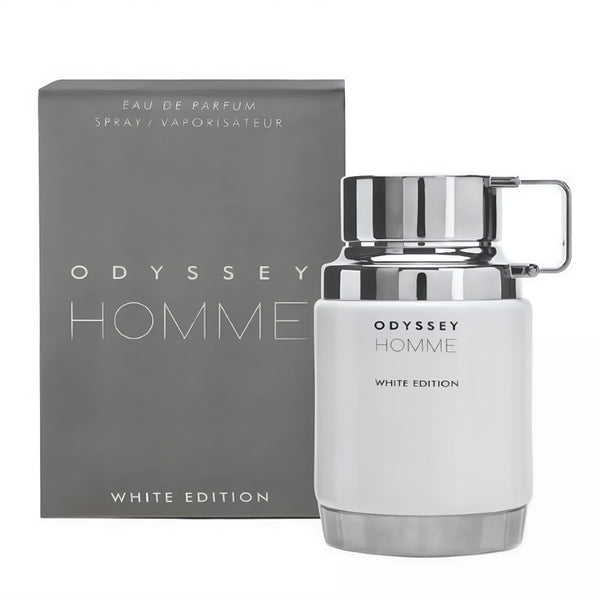 Odyssey Homme White Edition perfume bottle and packaging on a white background