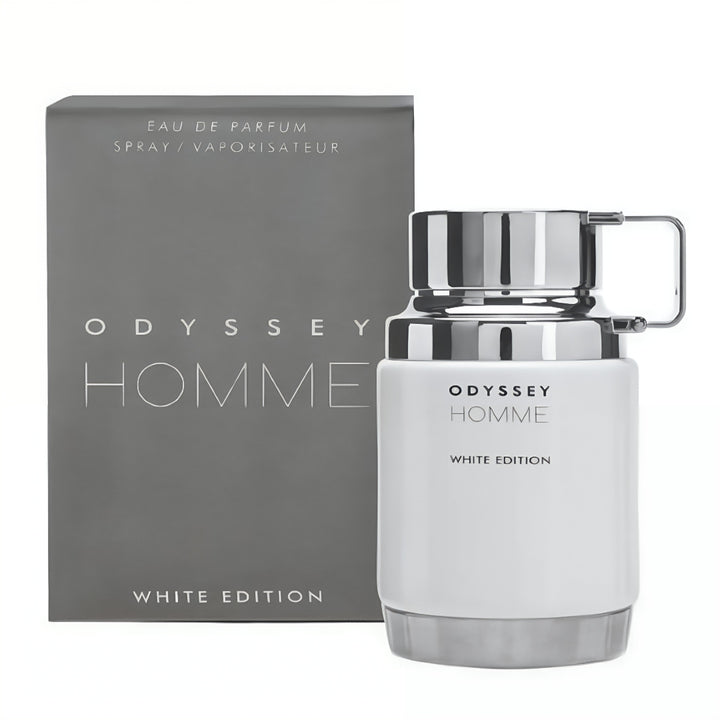 Odyssey Homme White Edition perfume bottle and packaging on a white background
