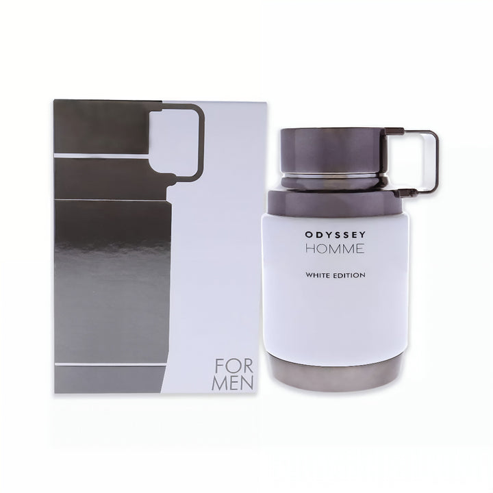 White bottle with purple cap and packaging labeled 'Odyssey Homme' on a white background