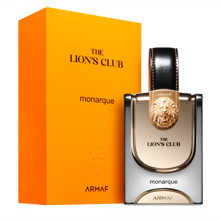 Armaf The Lion's Club monarque perfume bottle and packaging on a white background