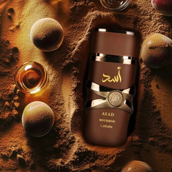 Brown perfume bottle with gold accents on a textured brown background