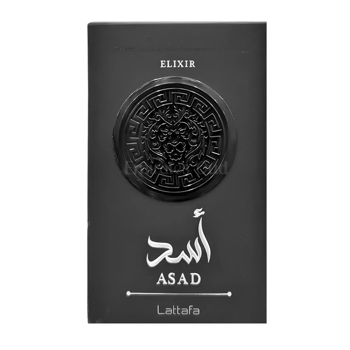 Black packaging of Elixir Asad by Lattafa on a white background