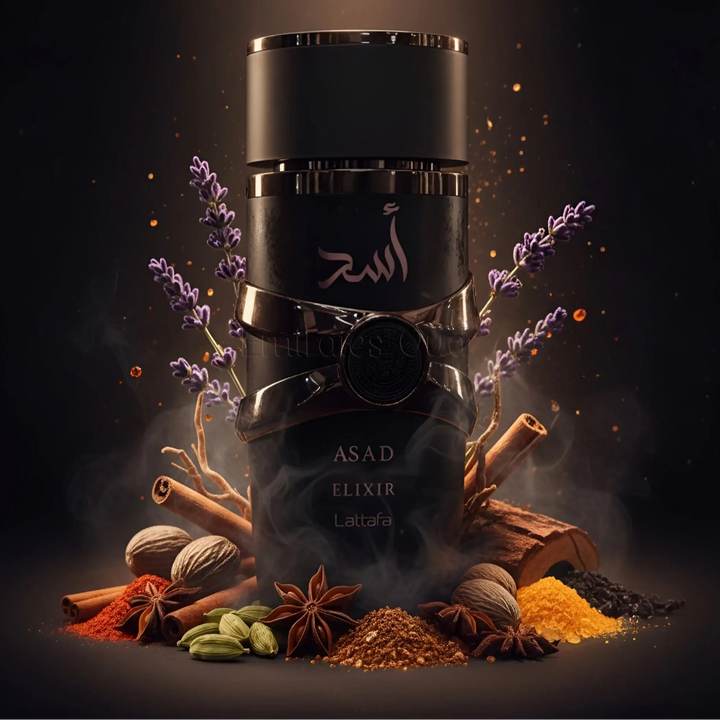 Black elixir bottle with spices and herbs on a dark background