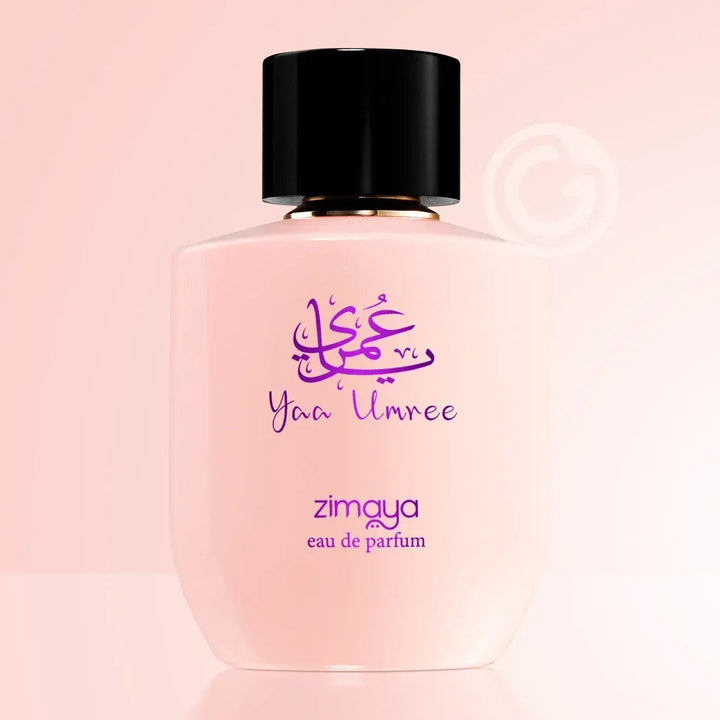 Zimaya perfume bottle with 'Yaa Unrée' on a pink background