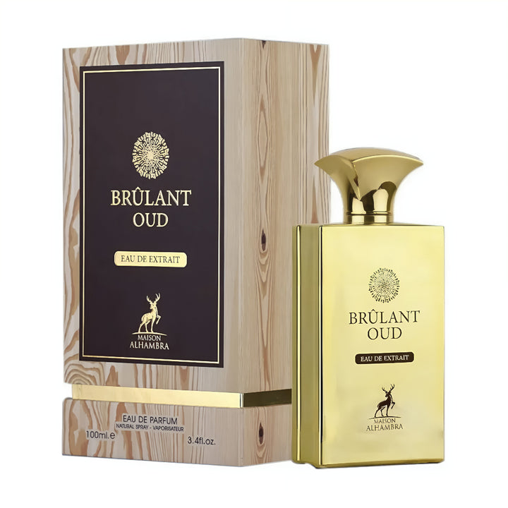 Brulant Oud perfume bottle and packaging on a white background