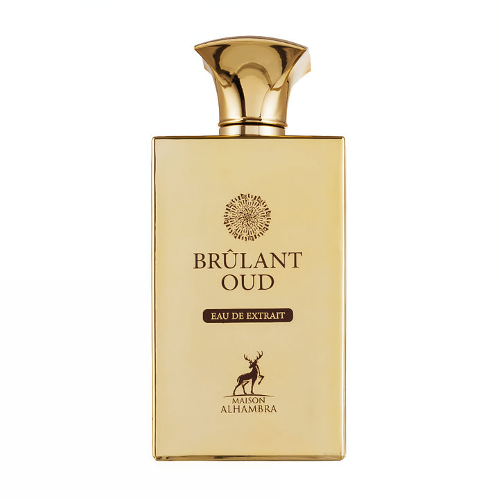 Gold perfume bottle labeled 'Brçulant Oud' by Maison Alhèmbra on a white background