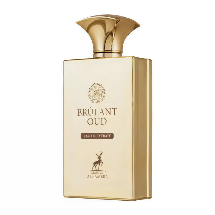 Gold perfume bottle labeled 'Bråulant Oud' by Maison Alhambra on a white background