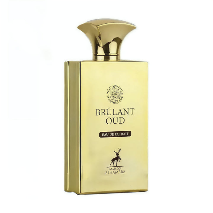 Gold perfume bottle labeled 'Brêulant Oud' by Maison Alhambra on a white background