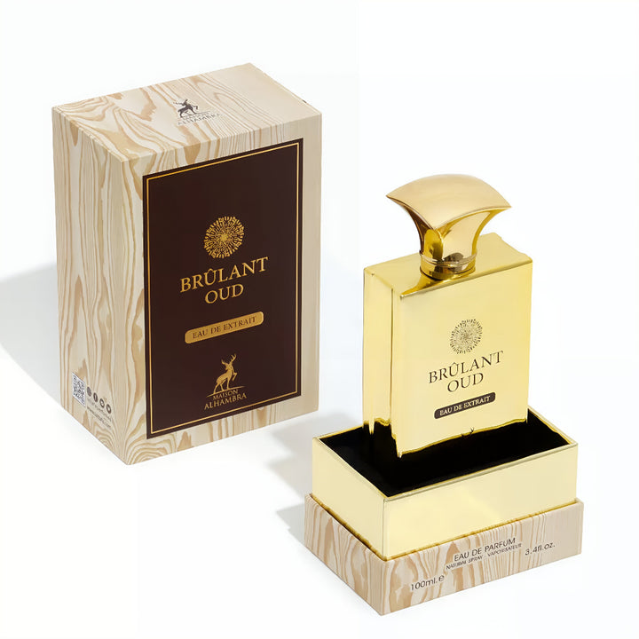 Brulant Oud perfume bottle and packaging on a white background