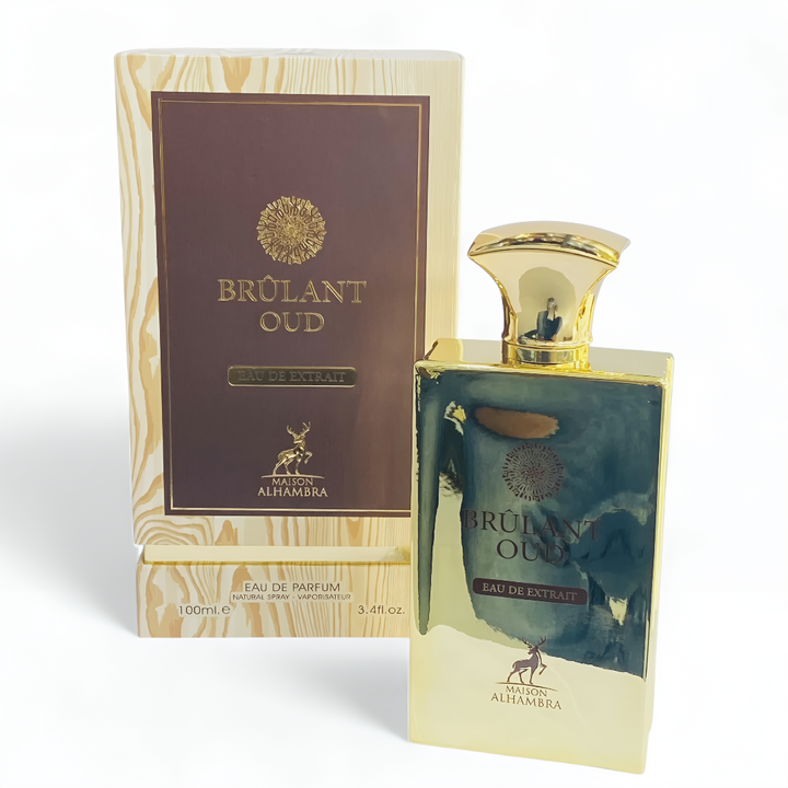 Brulant Oud perfume bottle and packaging on a white background