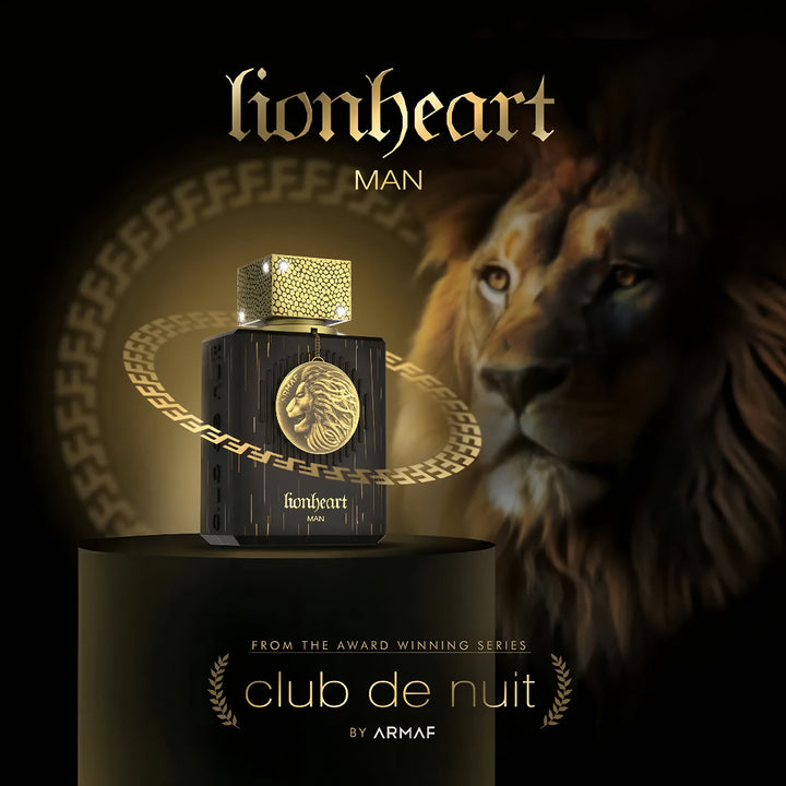Perfume bottle labeled 'lionheart MAN' with a lion in the background, featuring the brand 'club de nuit by Armaf'.