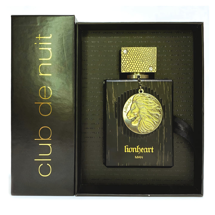 Perfume bottle with lion emblem and 'club de nuit' packaging on a white background